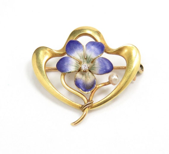 Art Nouveau Enamel Flower Brooch