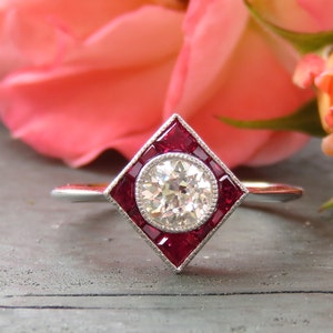 RESERVED for cathmc121 Down Payemnt on 14k Gold Art Deco Style Ruby and Diamond Ring; Ruby Engagement; Ruby Halo Ring; Geometric Ring
