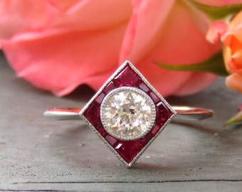 14k Gold Art Deco Style Ruby and Diamond Ring; Ruby Engagement; Ruby Halo Ring; Geometric Ring; Art Deco Engagement; Vintage Engagement