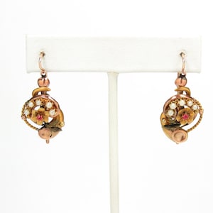 Victorian 10k Gold Floral Drop Earrings; Dangle Earrings; Victorian Earrings; Vintage Earrings; Antique Earrings; Ruby and Pearl Earrings