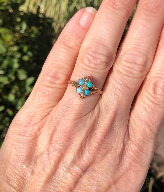 Victorian 10k Gold Turquoise and Pearl Ring; Vict… - image 3