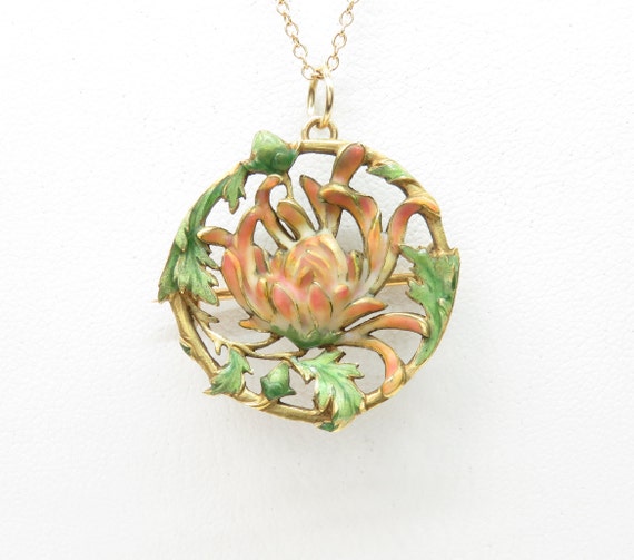 14k Gold Art Nouveau Enamel Pendant Necklace; Art
