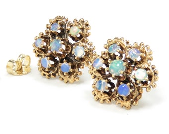 Vintage 14k Gold Opal Earrings; Vintage Opal Earrings; 14k Gold Earrings; Opal Stud Earrings; Multi-Stone Earrings; Antique Earrings
