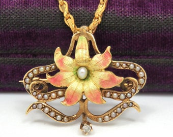 14k Gold Victorian Pendant and Brooch; Victorian Watch Fob; Victorian Pendant Necklace; Enamel Enameled Flower Pendant; Antique Pendant