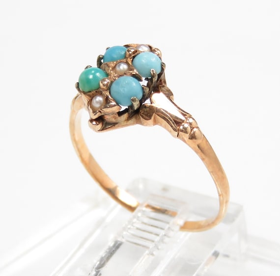 Victorian 10k Gold Turquoise and Pearl Ring; Vict… - image 7