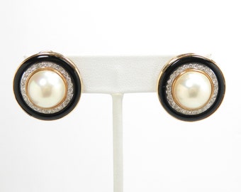 14k Gold Mabe Pearl Diamond and Onyx Earrings; Big Chunky Large Stud Earrings; Pearl Studs; Vintage Pearl Earrings; Midcentury Earrings