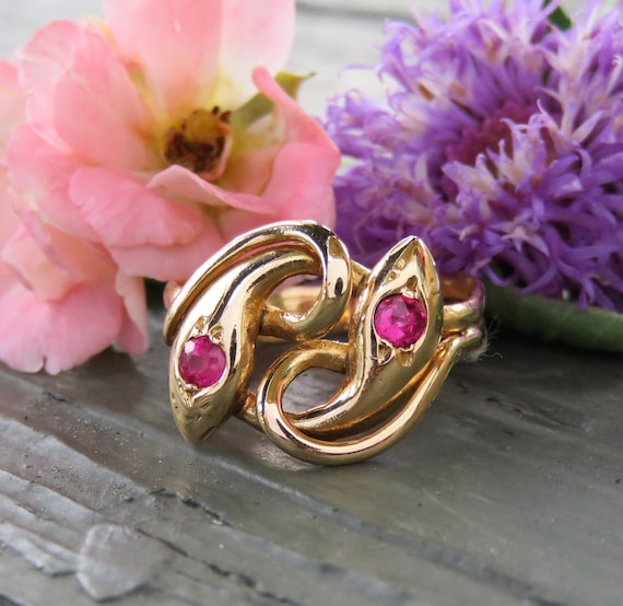Victorian 14k Gold and Ruby Double Headed Snake Ri