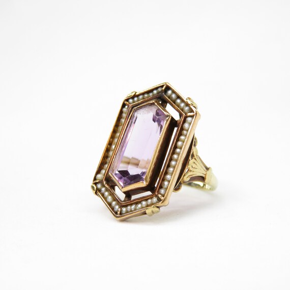 Victorian 14k Gold Amethyst and Seed Pearl Ring; V