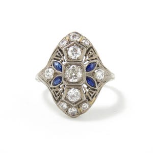 Art-deco dinerring 18k gouden diamant en saffier; Antieke diamanten ring; Verlovingsring; Art-deco-ring; Ring met meerdere stenen; Statementring