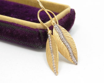 14k Gold and Diamond Earrings; Reiss Earrings; 14k Gold Earrings; Leaf Earrings; Vintage Diamond Earrings; Wedding Earrings; Gifts for Her
