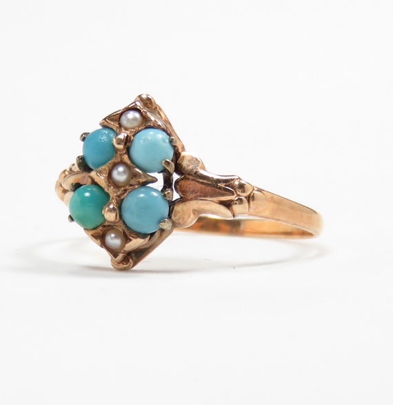 Victorian 10k Gold Turquoise and Pearl Ring; Vict… - image 2