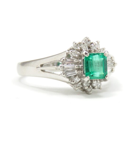 Platinum Emerald and Diamond Engagement Ring; Vin… - image 3