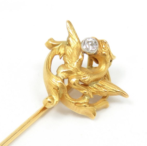 Art Nouveau 18k Gold and Diamond Dragon Stickpin;… - image 2