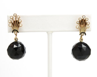 Victorian 14k Gold Onyx Dangle Earrings with Seed Pearls