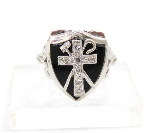 Vintage 10k Gold Onyx and Diamond Ring; Masonic R… - image 1