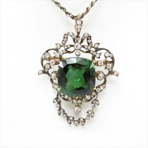 Edwardian Diamond and Tourmaline Pendant Necklace; Antique 10k Gold Diamond Necklace; Edwardian Pendant and Brooch; Vintage Brooch