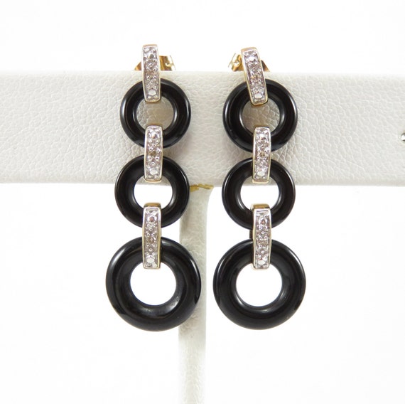 Vintage 10k Onyx and Diamond Earrings; Dangle Earr