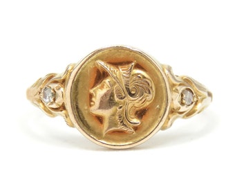 10k Gold and Diamond Art Nouveau Signet Ring; Dainty Antique Signet Ring; Mythological Cameo Ring; Hermes Ring; 10k Gold Cameo Ring; Vintage