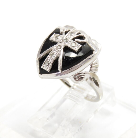 Vintage 10k Gold Onyx and Diamond Ring; Masonic R… - image 5