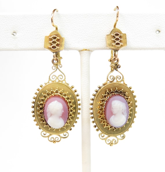 14k Gold Victorian Cameo Earrings; Vintage Cameos;