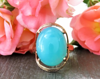 14k Rose Gold Chrysoprase Ring; Vintage Chrysoprase Ring; Big Midcentury Modern Ring; 14k Gold Statement Ring; Vintage Blue Ring; Gift