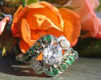 Vintage Platinum Diamond and Emerald Ring; Vintage Diamond Ring; Vintage Engagement Ring; Multi Stone Ring; Statement Ring; Vintage Emerald