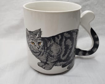 Vintage Black and White Tabby Kitty Cat Ceramic Mug Japan