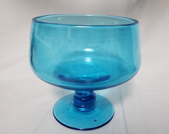 Vintage Large Blenko Blue Glass Footed Compote 6 x 6 Inches