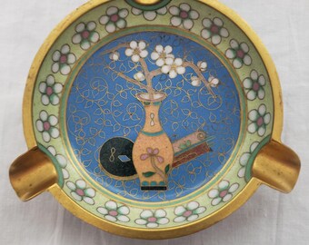 Vintage Cloisonne Enamel Trinket Dish, Cobalt Blue Chinoiserie Floral Brass Ashtray