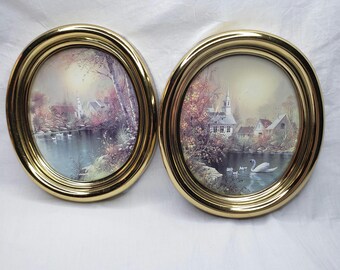 Vintage Homco Swan Lake Prints, Autumn Church Scene, Gold Frame, Set of 2