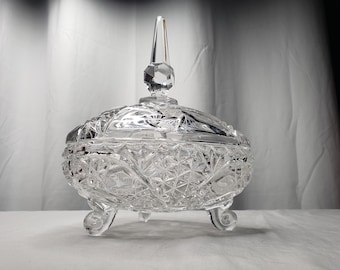 Vintage Lausitzer German Lead Crystal Footed Candy Dish with Tall Steeple Lid Cut Glass