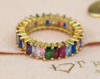 Rainbow Eternity Ring • Multi-Gemstone Baguette Band • Vibrant Statement Jewelry • Colourful Gift for Her