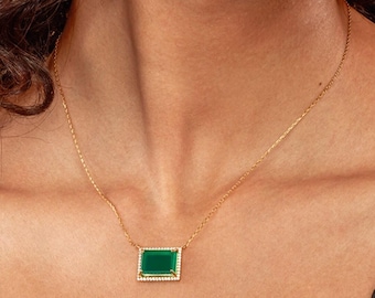 Emerald Pendant Necklace • Art Deco 14K Gold Finish Sterling Silver