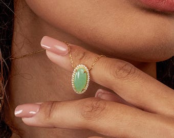 Green Aventurine Necklace • Oval Gemstone Pendant • Symbol of Serenity and Luck • Perfect Birthday Gift for Her