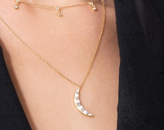 14K Gold Crescent Moon Necklace • Sterling Silver Zircon Pendant