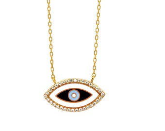 14K Gold Evil Eye Necklace • Sterling Silver, Zircon Charm