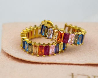 Rainbow Gemstone Hoop Earrings, 14K Gold Sterling Silver