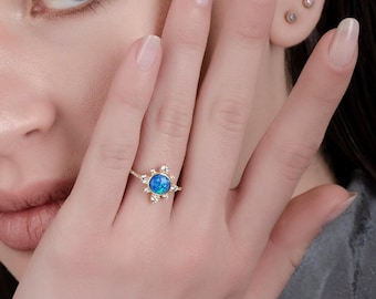 Blue Opal Sunburst Ring: 14K Gold Sterling Silver Celestial Jewelry