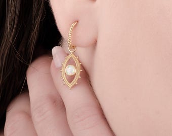 White Opal Drop Earrings • 14K Gold, Sterling Silver Boho Eye Design