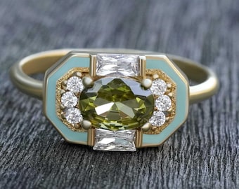 14K Gold Peridot Ring • August Birthstone  • Vintage Jewelry • Art Deco Ring