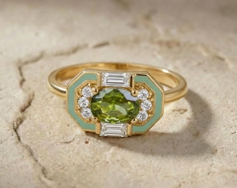 14K Gold Peridot Ring • August Birthstone • Art Deco Ring • Vintage Jewelry
