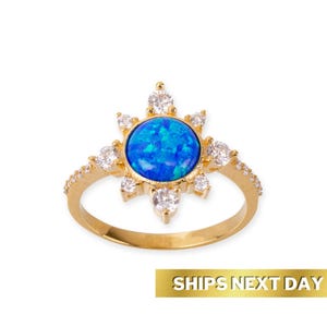 Blue Opal Sunburst Ring • Dainty Celestial Jewelry • Symbol of Radiance and Renewal • Unique Birthday Gift for Her