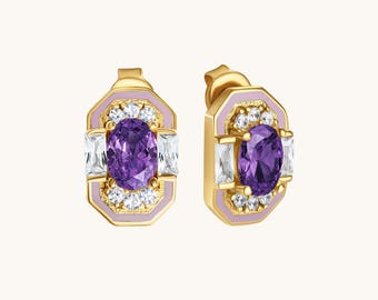 14K Gold Amethyst Ohrringe • Art-Deco-Bolzen-Design • Schmuck für den Februar Geburtsstein