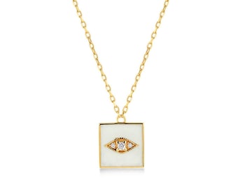 14K Gold Evil Eye Necklace • Zircon Accent Protection Pendant