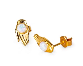 Opal Stud Earrings • 14K Gold Sterling Silver Art Deco Design