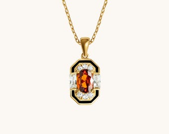 14 kt gouden granaatketting • Art-deco geometrische hanger • Sieraden geboortesteen januari