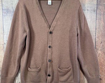 Vintage 90s LL Bean Mens Cardigan Sweater Large Tall Brown Cotton V-Neck Grandpa