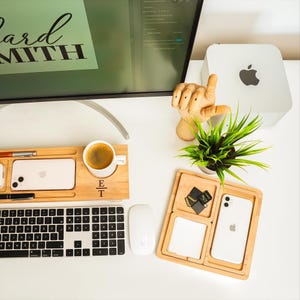 Personalized Office Desk Organizer Wooden Trays, Custom Desk Storage Organization, Office Decor, Wood Cell Phone Stand, Desk Accessories