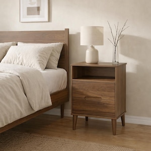 Mesita de noche estrecha de madera con cajón: Mesita de noche moderna para el dormitorio.