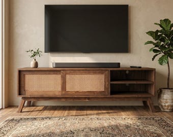 Mueble para TV de estilo moderno de mediados de siglo: soporte de madera con almacenamiento.